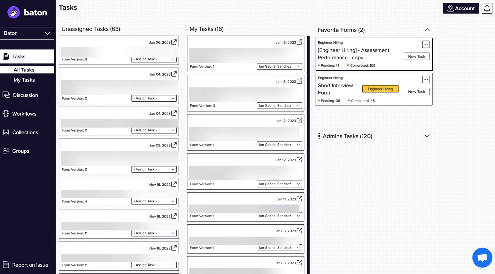 Baton tasks view, with names blurred