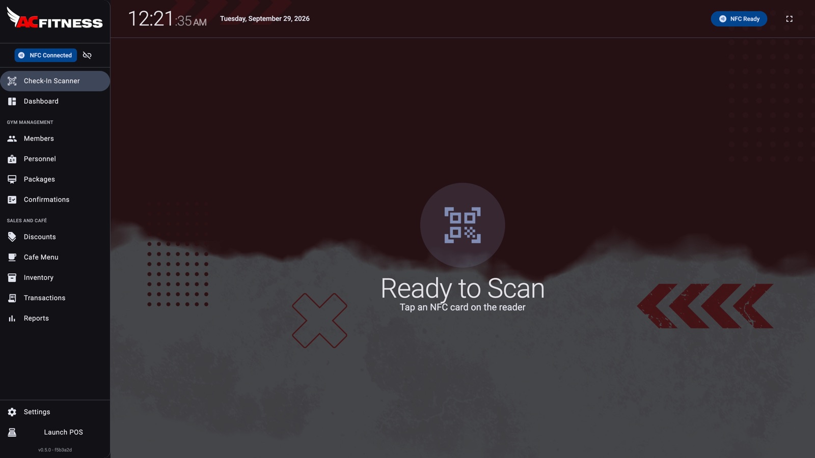SIM check-in screen with NFC scanner active